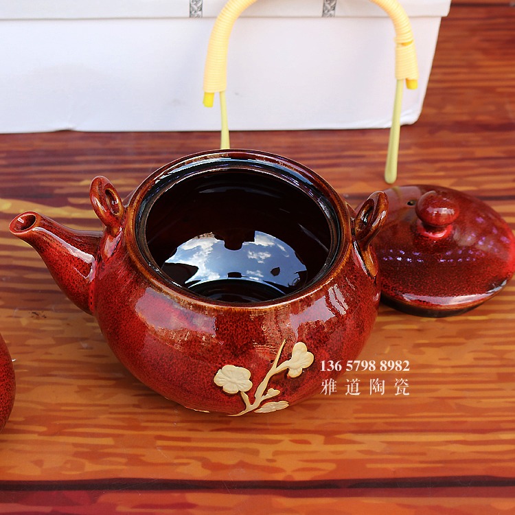 景德鎮陶瓷顏色釉梅花整套提梁壺茶具-茶壺