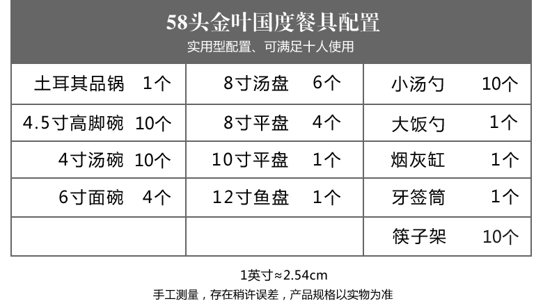 歐式輕奢58頭骨瓷餐具套裝（金葉國度）配置表