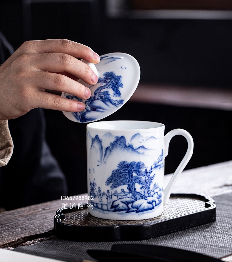 景德鎮青花山水雙層陶瓷茶杯