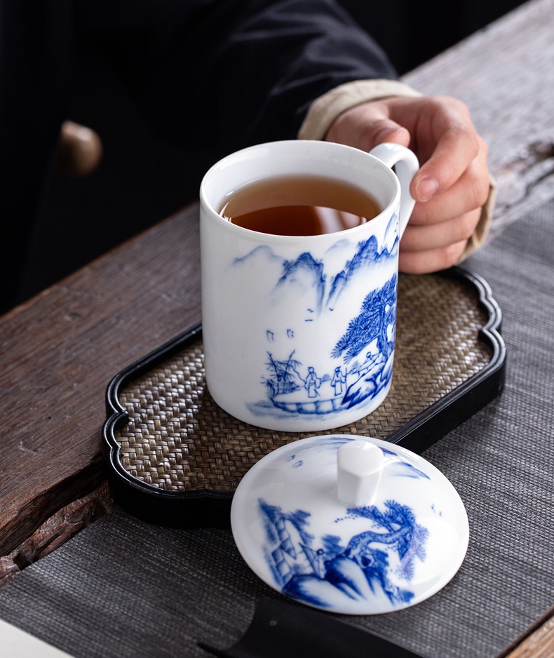 景德鎮青花山水雙層陶瓷茶杯