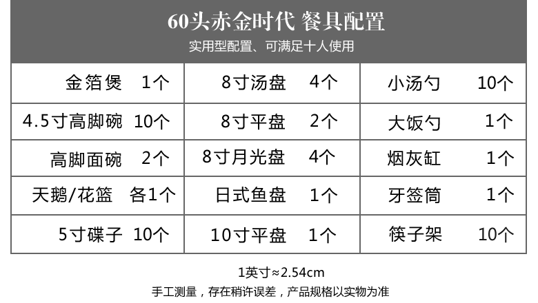 景德鎮60頭歐式骨質瓷餐具（赤金時代）配置表