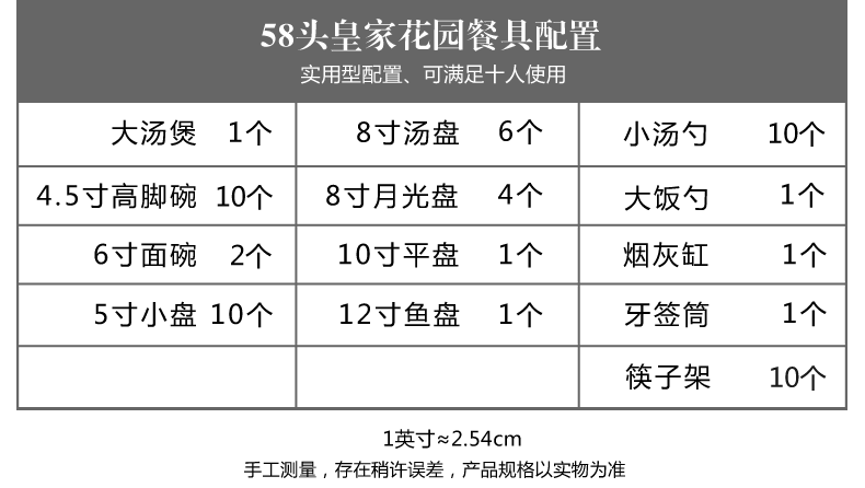 中式餐具套裝（58頭皇家花園）配置表