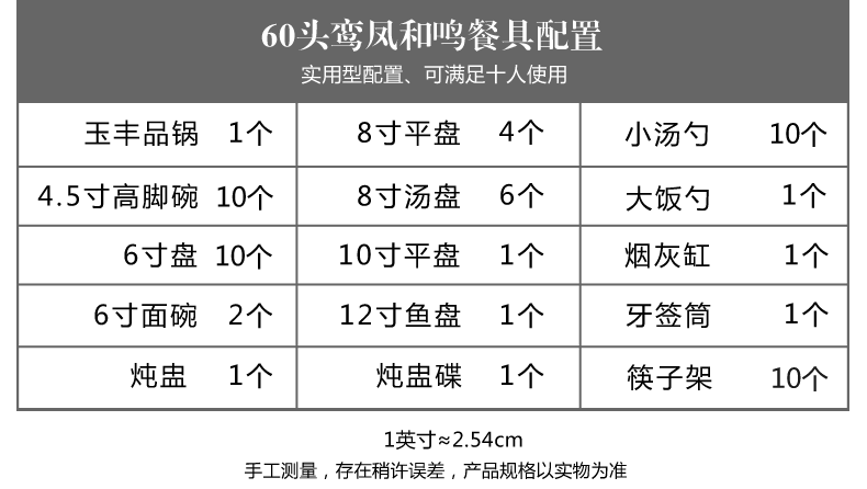 高檔家用陶瓷餐具套裝（60頭錦上添花）配置表